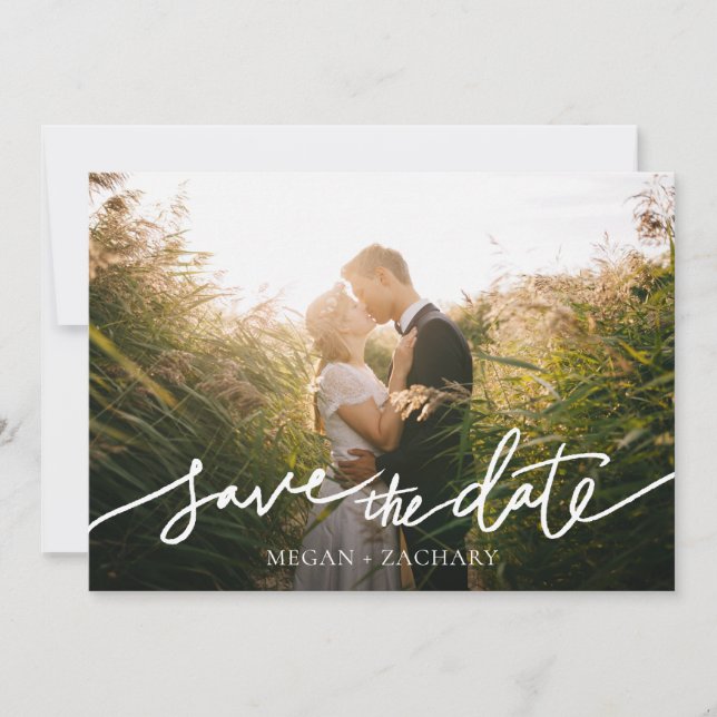 Modern White Script Full Photo Save the Date (Front)
