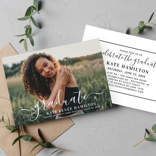 Modern White Script Graduate Photo Graduation Invitation (Creator Uploaded)