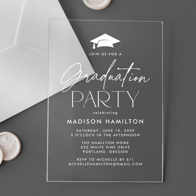 Modern White Script Graduation Party Acrylic Invitations (Creator Uploaded)