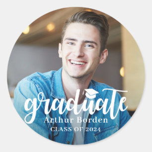 Modern White Script Graduation Photo Classic Round Sticker