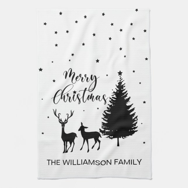 Modern White Script "Merry Christmas" and Deer Kit Kitchen Towel (Vertical)