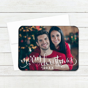 Modern White Script Merry Christmas Photo Magnet