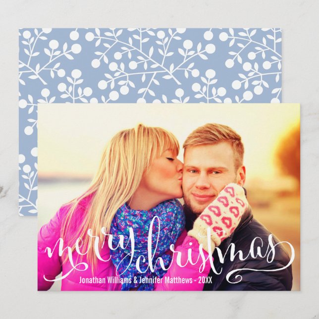 Modern White Script Merry Christmas Photo Overlay Holiday Card (Front/Back)