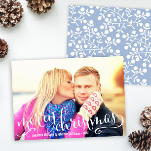 Modern White Script Merry Christmas Photo Overlay Holiday Card