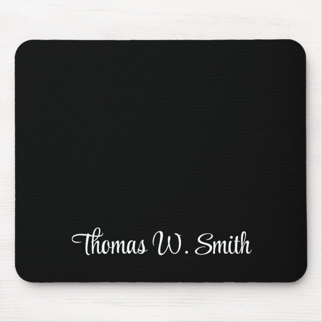 Modern White Script Monogram Black Mouse Pad (Front)