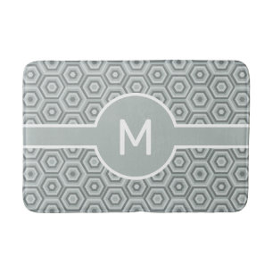 Modern White Script Monogram on Grey Hexagons Bath Mat