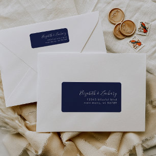 Modern White Script Navy Blue Return Address