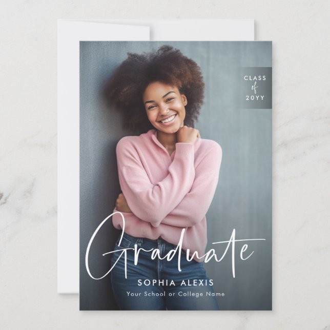 Modern White Script Overlay 4 Photo Graduation Announcement (Front)