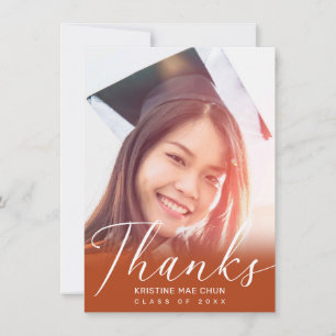 Modern White Script Photo Burnt Orange Graduation Thank You Card