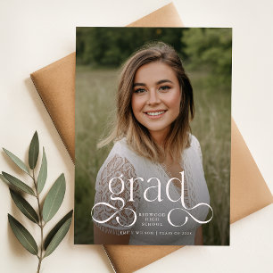 Modern White Script Photo Graduation Announcement Postcard