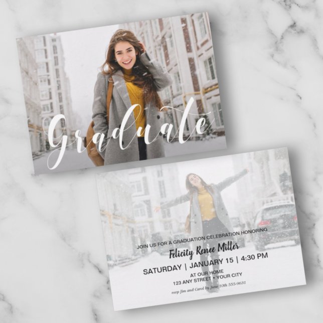 Modern White Script Photo Graduation Invitations (Creator Uploaded)