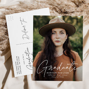 Modern White Script Photo Graduation Party Invitation Postcard