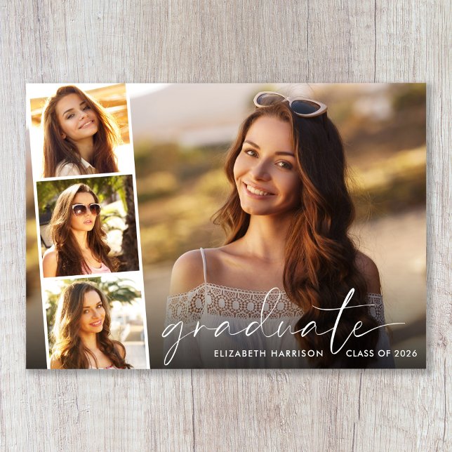 Modern White Script Photo Overlay Graduation Announcement (Cherish the milestone: share your graduate's achievement with a custom photo graduation announcement)