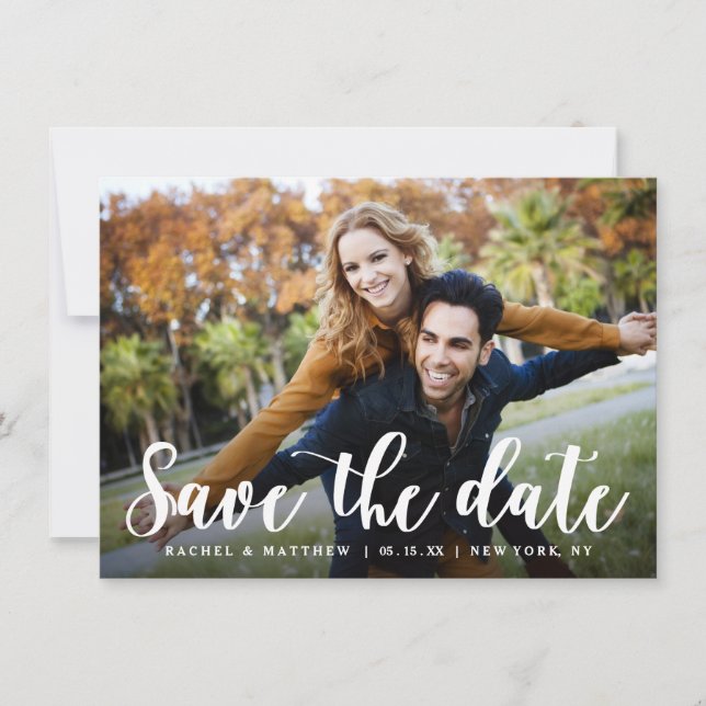 Modern White Script Photo Save the Date (Front)
