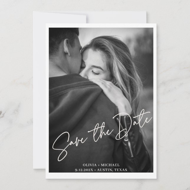 Modern White Script Photo Wedding Save The Date Invitation (Front)