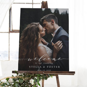 Modern White Script Photo Wedding Welcome Sign