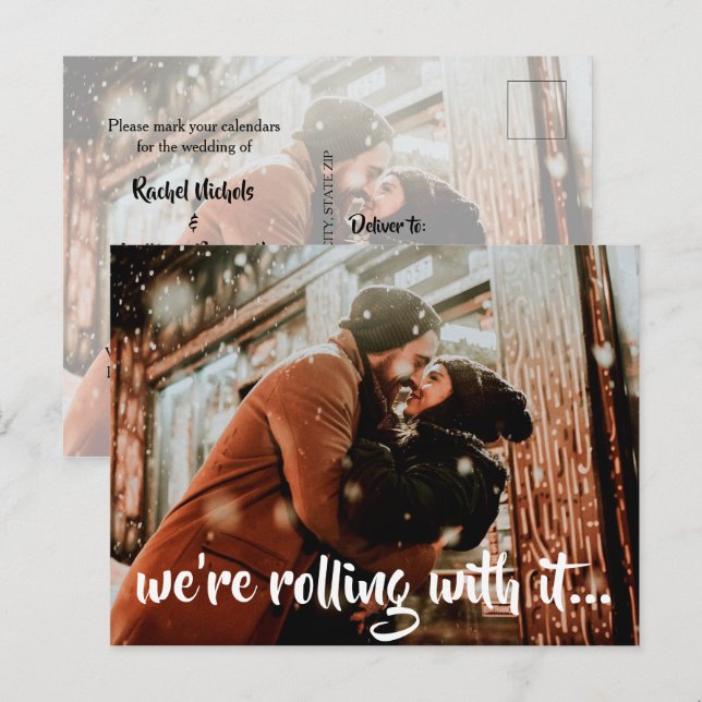 Modern White Script Wedding Photo Save the Date Announcement Postcard (Front/Back)