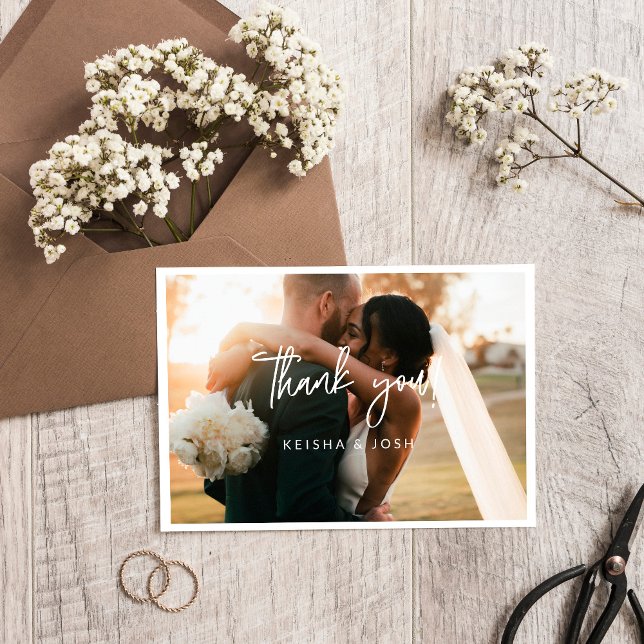 Modern White Script Wedding Photo Small Thank You (Creator Uploaded)