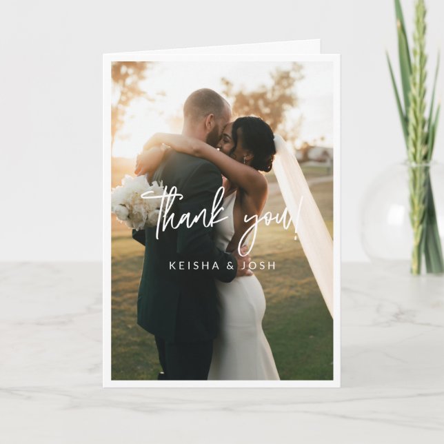 Modern White Script Wedding Photo Thank You Card (Front)