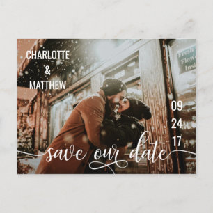 Modern White Script Wedding SAVE OUR DATE w/ PHOTO Announcement Postcard