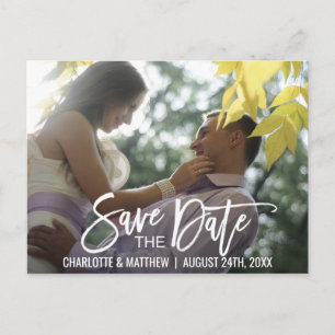 Modern White Script Wedding SAVE THE DATE w/ PHOTO Announcement Postcard