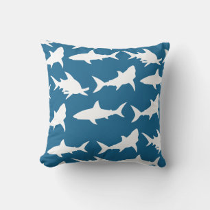 Modern White Shark Silhouettes & Ocean Blue Throw Pillow