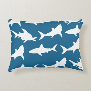 Modern White Sharks & Ocean Blue Accent Pillow
