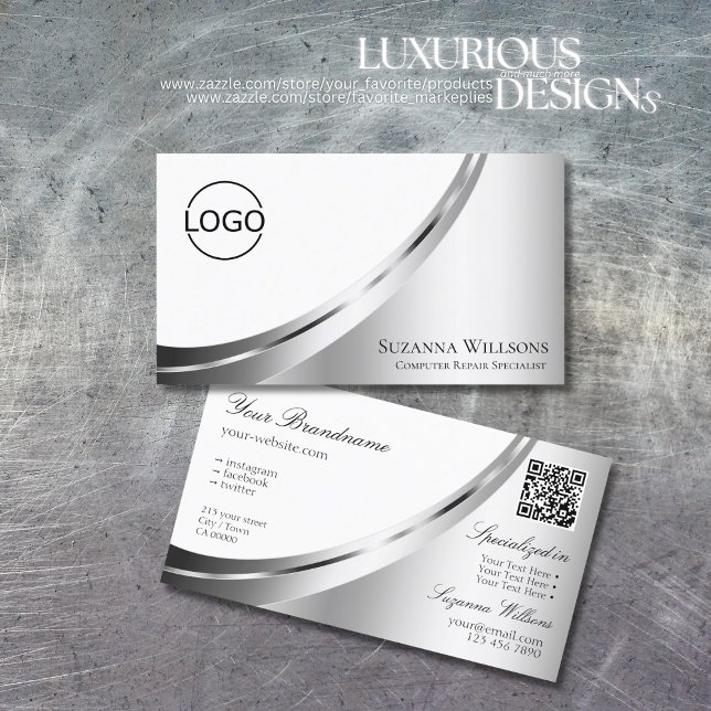 Modern White Silver Decor with Logo and QR Code Business Card (Creator Uploaded)