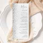 Modern White Silver Glitter Edge Wedding Menu<br><div class="desc">The left-hand edge of this elegant modern wedding menu features a silver faux glitter design. The customizable text combines grey handwriting,  copperplate and italic fonts on a white background. The reverse side features a matching white and silver glitter design.</div>