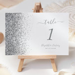 Modern White Silver Glitter Edge Wedding Table Number<br><div class="desc">The left-hand edge of this elegant modern wedding table number features a silver faux glitter design. The customizable text combines grey handwriting,  copperplate and italic fonts on a white background.</div>