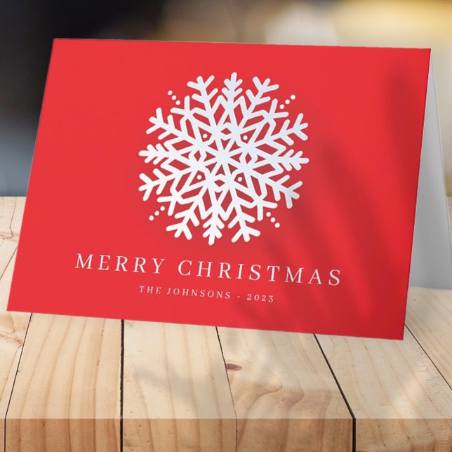 Modern White Snow Flake on Red Holiday Card (Creator Uploaded)