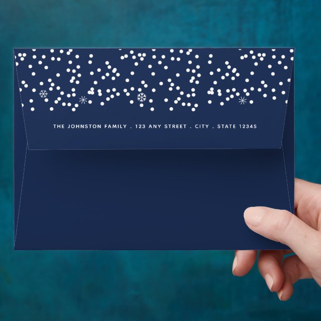 Modern white snowflakes navy blue return address envelope (Hand)