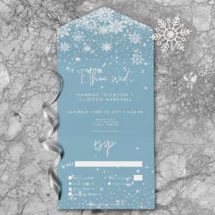 Modern White Sparkle Snowflakes Blue Dinner All In One Invitation