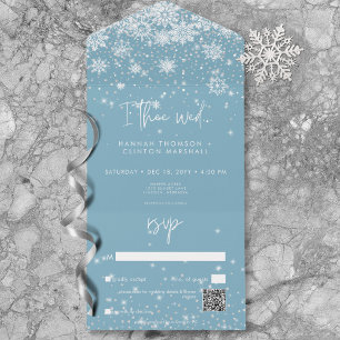 Modern White Sparkle Snowflakes Blue QR Code All In One Invitation