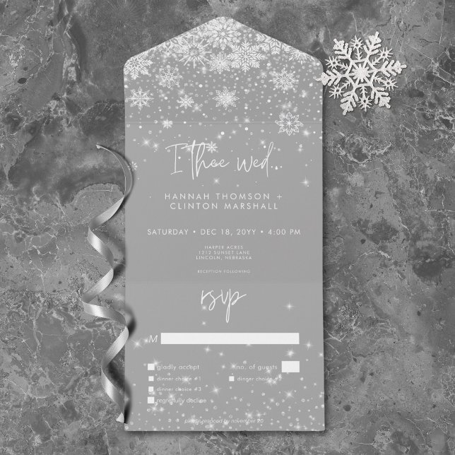 Modern White Sparkle Snowflakes Wedding Dinner All In One Invitation (Modern White Sparkle Snowflakes Wedding Dinner All In One Invitation)
