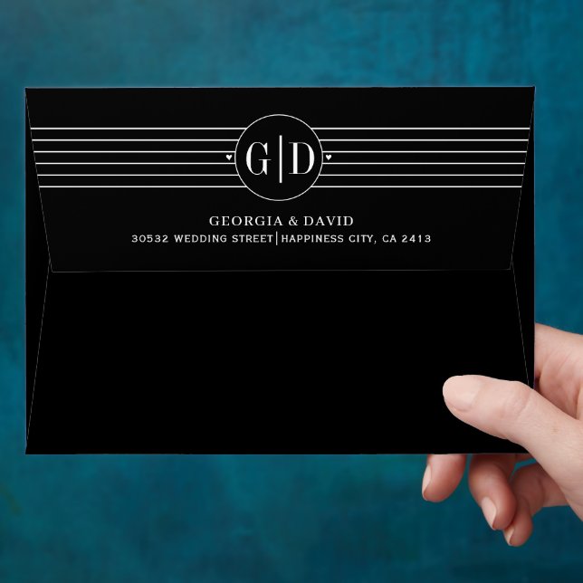 Modern white stripes and iitilas black wedding envelope (Hand)