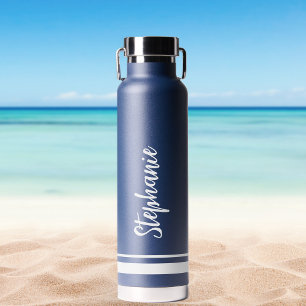 Modern White Stripes Navy Wedding Water Bottle