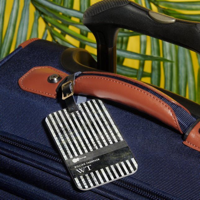 Modern white stripes on black luggage tag (Front Insitu 1)