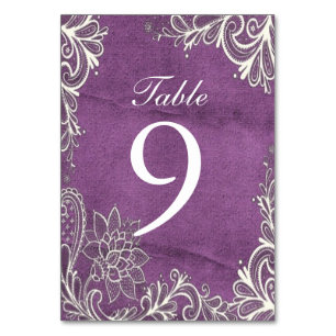 modern white swirls purple wedding table number