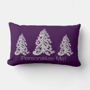 Modern White Swirly Christmas Tree on Dark Purple Lumbar Pillow