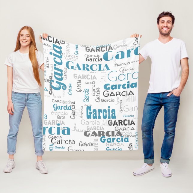 Modern White Teal Grey Name Pattern Graffiti Fleece Blanket (In Situ)