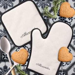 Modern White template, Black Script Oven Mitt & Pot Holder Set