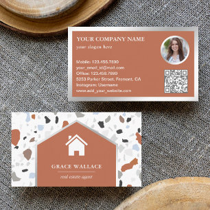 Modern White Terrazzo Real Estate Photo QR Code Business Card