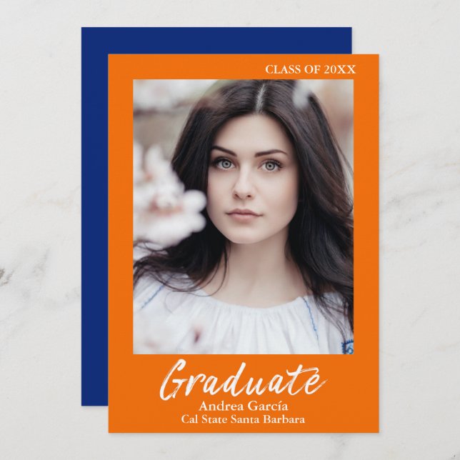 Modern White Text Orange Blue Graduate Photo Announcement (Front/Back)