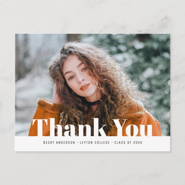 Modern white text photo graduation thank you postcard (Front)