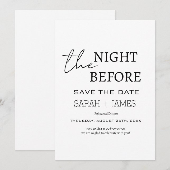 Modern White the Night Before Rehearsal Dinner  Save The Date (Front/Back)