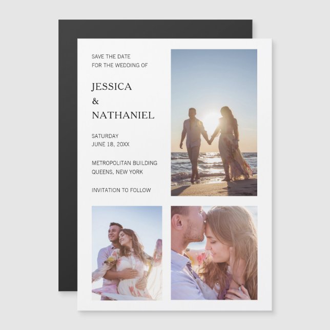 Modern White Three Photos Collage Save the Date Magnetic Invitation (Front/Back)