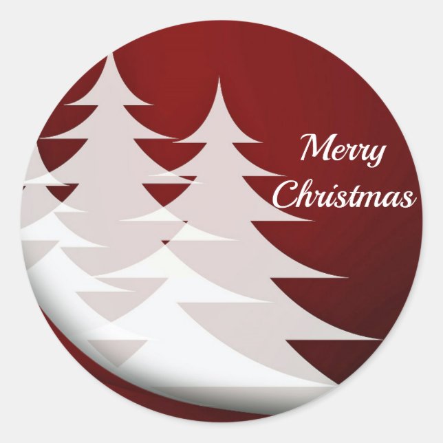 Modern White Trees Red Graphic Christmas Classic Round Sticker (Front)