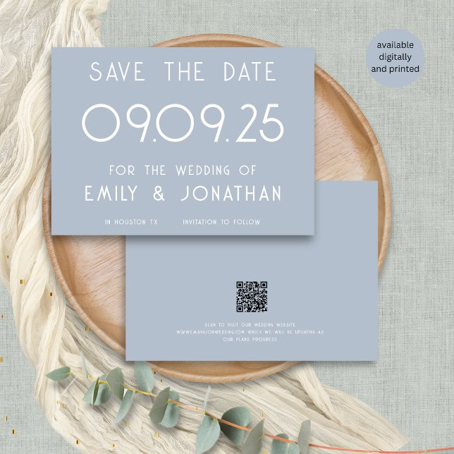 Modern White Typography Dusty Blue Wedding Save The Date (Front and back view)