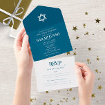 Modern White Typography On Blue Bar Mitzvah All In One Invitation<br><div class="desc">An elegant dark blue bar Mitzvah invitation, easy to personalize with your details. PLEASE NOTE: This invitation is ready to send without an envelope; include the return address on the backside; if you plan to send it using an envelope, please let in blank the return address details ( backside). GUEST...</div>